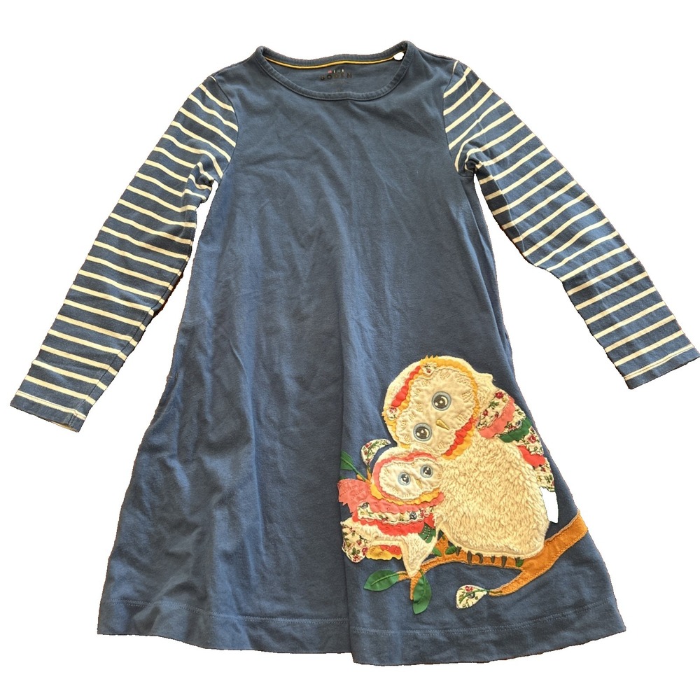Mini Boden Dress 6-7Y Girls Applique Owl Striped Cottagecore Whimsical Playful